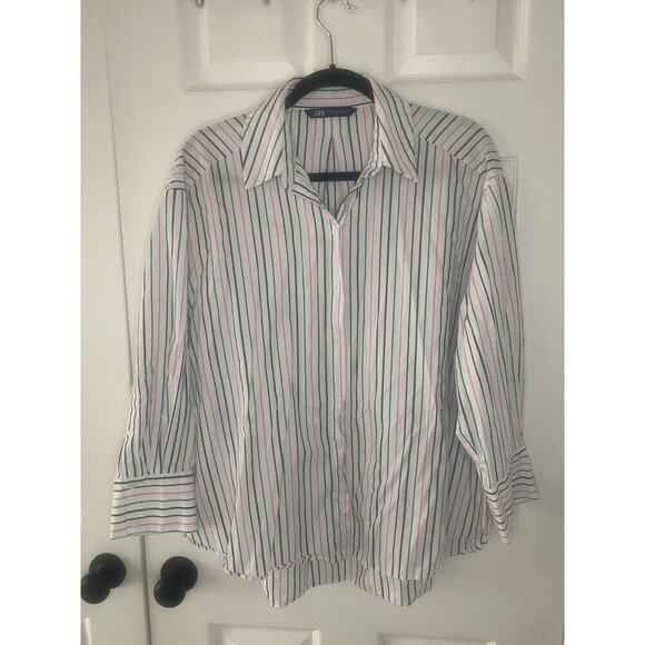 Zara Womens Pinstripe Cotton Collar‎ Button Down Size Small - Picture 1 of 5